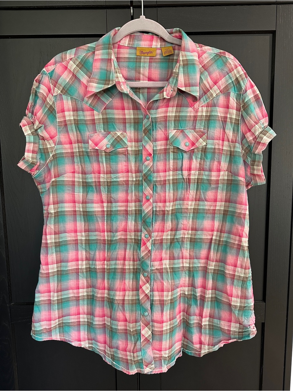 Wrangler Pink & Teal Plaid Girls' Button-Down Shirt